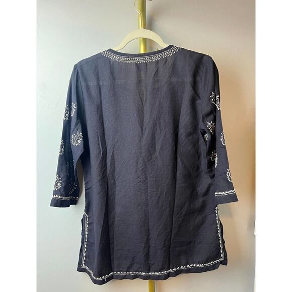 Gretchen Scott Navy Linen Embroidered Tunic Top Sz. S - Picture 4 of 8